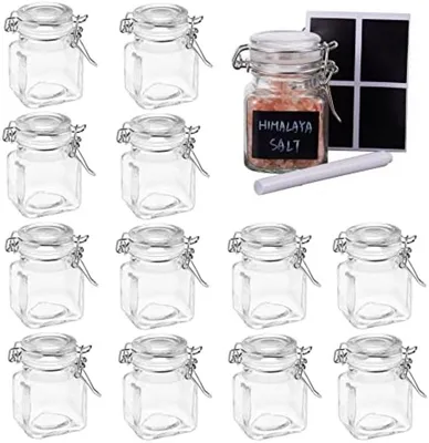 Produktbild von PromoHome® 12 Stück luftdichte Kräuterdosen – quadratische Glasdosen mit Clipdeckel, 100 ml, inkl. 24 Etiketten und Kreidestift