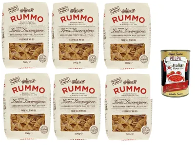 Produktbild von Rummo Farfalle N°85 6×500g – Bronze gezogen, Lenta Lavorazione, Pasta aus Hartweizengrieß, kochstabil & bissfest, ideal für Pesto Tomatensaucen & Nudelsalate, Vorratspack + Italian Gourmet polpa