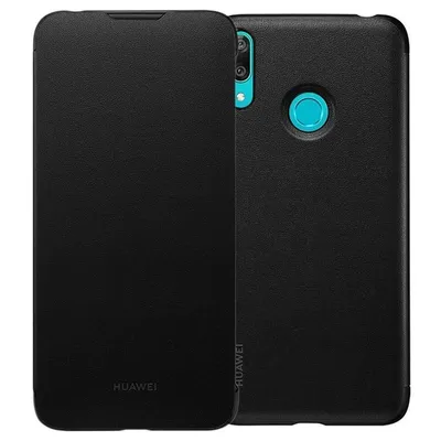 A black flip case for a Huawei Y7 2019 phone is shown from two angles.