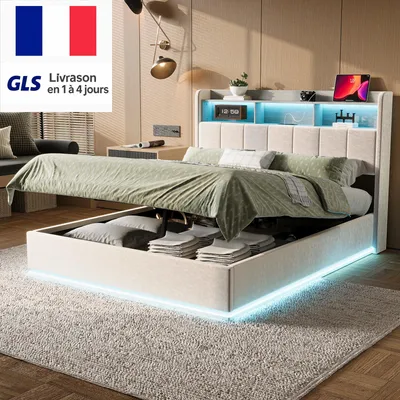 Productafbeelding van Bed van 160 x 200 cm met LED-verlichting, bed met opbergruimte, lattenbodem, stopcontacten, USB- en Type-C-aansluitingen, bekleed met fluweel