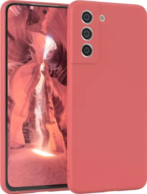 A red phone case is shown next to a smartphone displaying a canyon image.