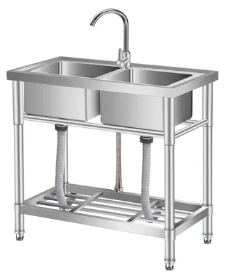 Obrázek produktu pro Nerezový dřez - dvojitý dřez, rozměry 84x46x76 cm - s baterií - připojení pro teplou a studenou vodu - vhodný pro gastronomii a kuchyně - pro vnitřní i venkovní použití