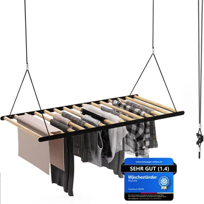 Produktbild von MyZone Wäscheständer Decke platzsparend, ausziehbar, stabil, 115x60cm | Wäschetrockner Deckenmontage, Deckentrockner klappbar | Bambus | Mattschwarz