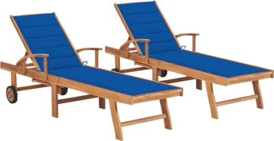 Produktbild von Sonnenliegen 2 Stk. mit Auflagen Königsblau Massivholz Teak