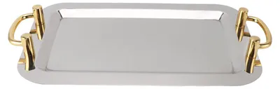 Image de Plateau de service en acier inoxydable, surface miroir raffinée et élégante, poignée dorée, 304 assiettes pour buffet d'hôtel, rectangulaires (longueur 42,9 cm)