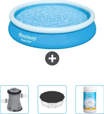 Produktbild von Bestway runder aufblasbarer Fast-Set-Pool – 366 x 76 cm – Blau – im Lieferumfang enthalten Pumpe - Abdeckung - Chlor