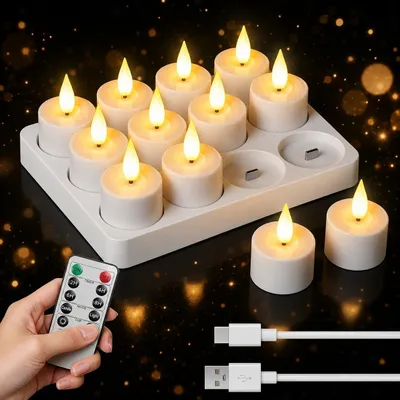 Obrázok produktu pre 12 LED sviečky na batérie, dobíjateľné, s nabíjacou stanicou - výdrž batérie 80+ hodín