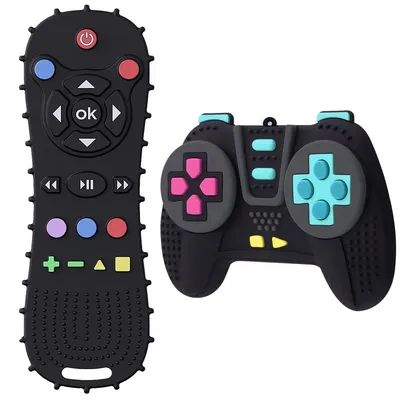 Produktbild von ASKSA Baby Fernbedienung Spielzeug Beissring,100% Silikon Beissspielzeug, lebensechtes Spielzeug-Set fuer Jungen & Maedchen, BPA-frei, 2 Stueck, Schwarz