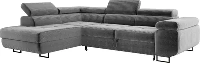 Produktbild von Ecksofa MONTANA mit einstellbare Kopfstützen, Eckcouch mit Schlaffunktion und Bettkasten, Sofa Cord, Polsterecke, Wohnlandschaft Links Hellgrau PS55