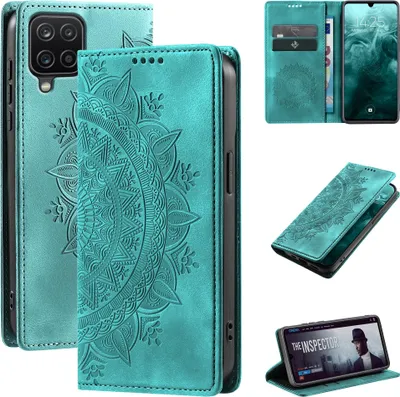 Produktbild von Mandala Handyhülle für Samsung Galaxy A12 RFID Schutz Klapphülle Case Cover Design Schutzhülle Farbe: Türkis