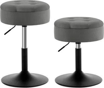 Two gray bar stools with adjustable height and black bases are shown against a white background.