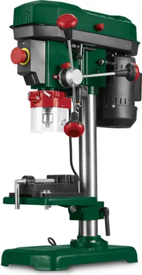 A studio shot of a green and gray benchtop drill press against a white background.
