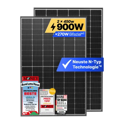 Produktbild von Solakon® Solarmodul 450W Bifazial Glas-Glas N-Type – Full Black PV Modul 40V für Balkonkraftwerk (2 Stück)