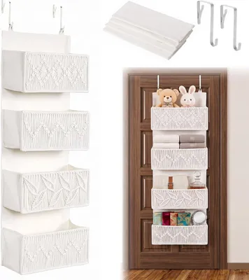 Productafbeelding van Ivoorkleurig katoenen deur-hangorganizer - 4 vakken - Boho-opslag