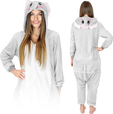 Produktbild von Jumpsuit Onesie für Damen und Herren - Sanft Kuschelig Uni Pyjama - Warme Schlafanzug - Karneval Kostüm - Karnevalskostüm- Größe 168-178 cm L - Elefant