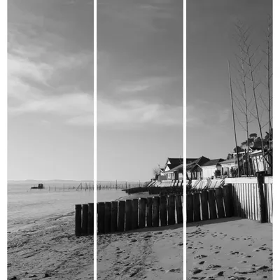 Image de Triptyque sur toile plage noir et blanc 90x97 cm, Tableau mural moderne pour décoration intérieure