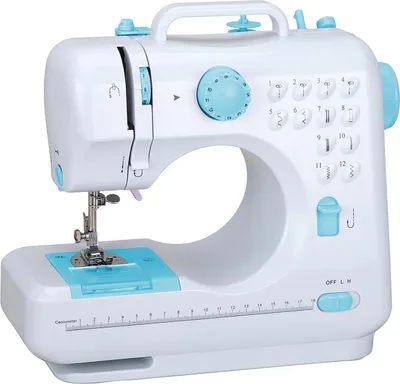 Image de Mini machine à coudre pour débutants, 12 points de couture, double fil, machine à coudre multifonctions pour enfants, alimentation électrique et piles, lumière LED (bleu)