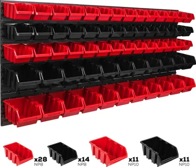 A wall-mounted storage system with multiple red and black bins.