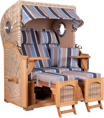 Produktbild von Strandkorb wetterfest Düne Teak Shell 2-Sitzer mit Bullaugen & PE-Geflecht Volllieger