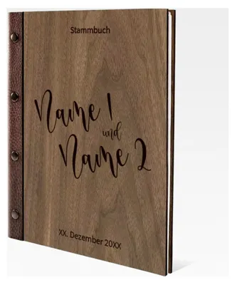Produktbild von Stammbuch aus Okoume Holz mit individueller Gravur und Echtleder Rücken A5 hoch 175x220mm - Comic Schrift