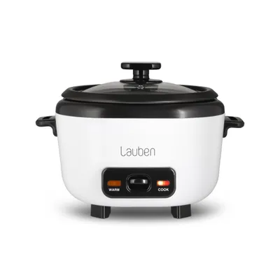 A white and black Lauben rice cooker is shown against a white background.