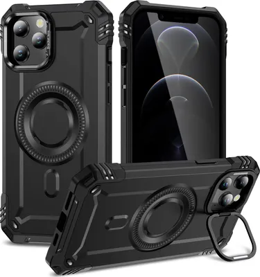 Produktbild von Magnetisch Hülle für iPhone 12 Pro Max, Heavy Duty Militärischer Stoßfest Handyhülle Kamera-Ringständer Schwarz