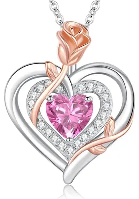 Immagine prodotto di Collana da donna in argento 925 con doppio cuore, rosa e pietra portafortuna, ideale come regalo