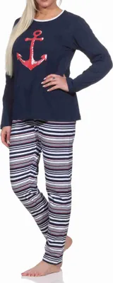 Produktbild von Damen langarm Schlafanzug Pyjama in maritimer Optik, Oberteil mit Anker Motiv ; marine , 44