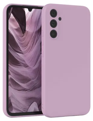 A purple phone case is shown next to a phone with a purple abstract background.