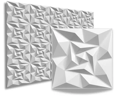 Two white 3D wall panels with geometric patterns are displayed against a white background. One panel is larger and positioned in the background, while a smaller, single panel is in the foreground.