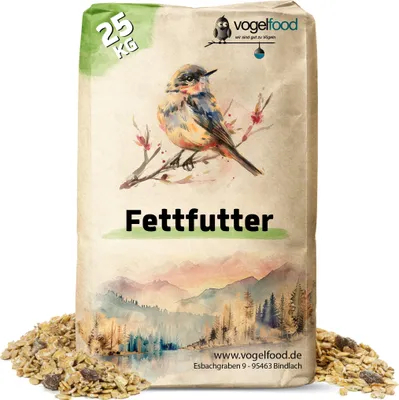 A bag of bird food with a watercolor illustration of a bird and a landscape.