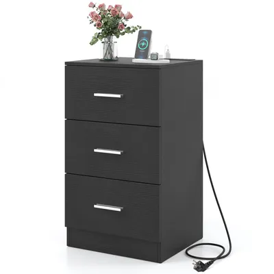Image de Table de chevet COSTWAY avec station de recharge, table de nuit à 3 tiroirs, commode brillante, table d'appoint pour lit boxspring, 38 x 35 x 66 cm, noir