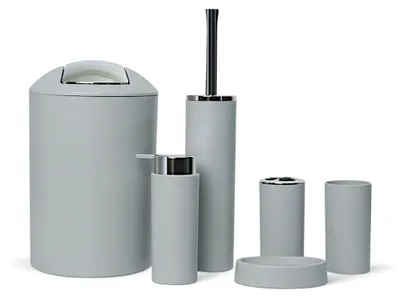Produktbild von 6tlg Badset Badezimmer Zubehör Set Organizer: (Grau Design 2a) Seifenspender, Zahnputzbecher, Kosmetikeimer, WC Bürste, Seifenschale, Mülleimer