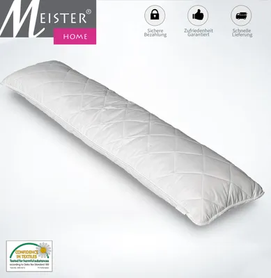 A long, white body pillow with a quilted pattern is shown on a white background. There are several icons and text overlays at the top and bottom of the image.
