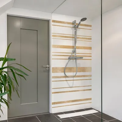 Produktbild von Duschrückwand Muster selbstklebend - 0.35 mm Wandpaneel wasserfest Streifen gold Badrückwand fugenlos Smart matt 90x210 cm