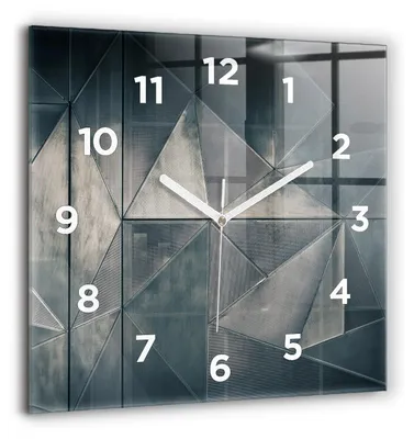 Obrázok produktu pre Wallfluent Hodiny - Sklenené Nástenné Hodiny - Tichý Quartz Strojček - Nástenná Dekorácia Spálňa Kuchyň - Biele Ruky - 60x60 cm - Abstraktné trojuholníky vyrobené z kovu