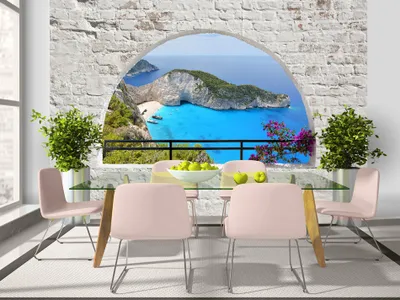Produktbild von Vlies Fototapete 400x280 cm Tapeten Wandtapete XXL Landschaft Natur Insel Strand Meer Fenster Steine c-A-0051-a-b