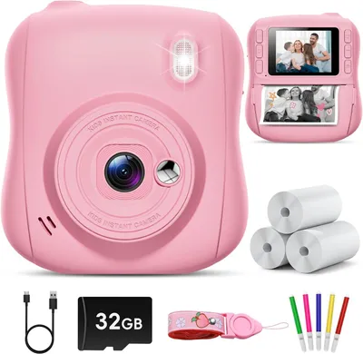 Produktbild von Kinderkamera Sofortbildkamera,14MP mit 32G Karte & Druckpapier,1080P Kamera Kinder Sofortdruck mit Farbige Stifte,Geschenk für 3-12 Jungen und Mädchen
