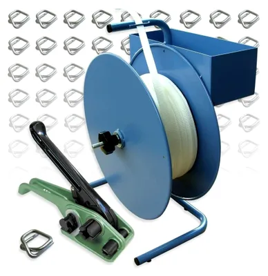 Produktbild von Komposit-Umreifungsband 25 mm, 500 m, Reißkraft 800 kg mit Spanner und Abrollgerät sowie 125 verzinkten Drahtverschlussklemmen - Umreifungsset