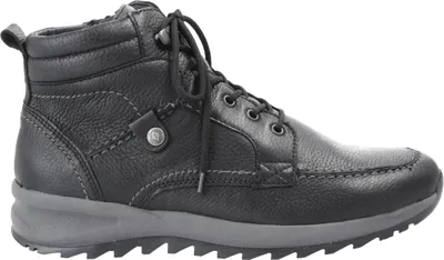 A side view of a black leather hiking boot.