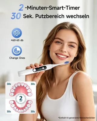 Produktbild von Elektrische Schallzahnbürste in Weiß mit LED-Display, verschiedenen Putzmodi und wiederaufladbarer Batterie