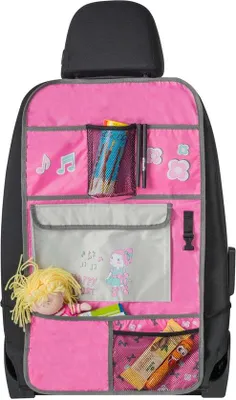 Productafbeelding van Ibenzoa® Kinderautostoelorganizer – waterafstotende rugleuningbeschermer met veel opbergruimte, verstelbare riem, vakken voor flessen en snacks, roze-grijs