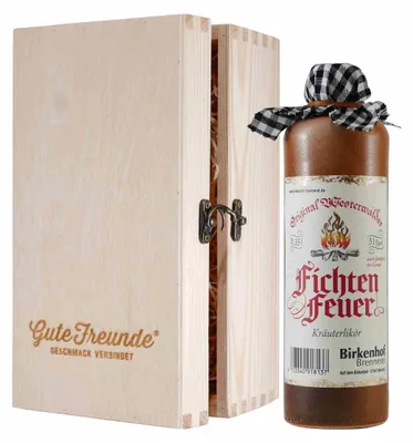 Produktbild von Birkenhof Fichtenfeuer Likör mit Geschenk-Holzkiste