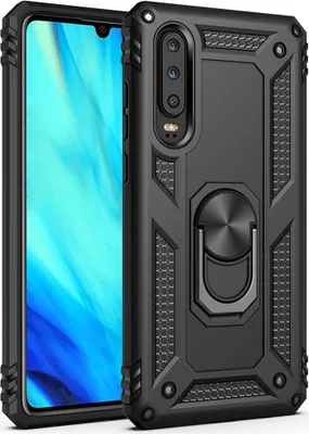 A black protective phone case with a rotating ring holder is shown next to a smartphone.