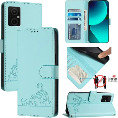 Produktbild von Leder Hülle für Xiaomi Poco M5 4G/Poco M4 5G /Redmi 10 5G/Note 11E Süße Katze Flip Case Brieftasche Schutzhülle mit Standfunktion hellgrün