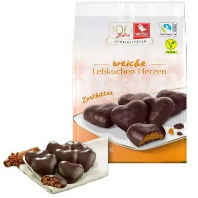 Zdjęcie produktu dla Białe miękkie piernikowe serca oblane ciemną czekoladą 300g