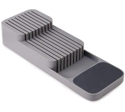 Produktbild von Verbesserte Messerblock für Schublade, Zweistufiger Messer Organizer mit Schlitzen, Platz, Knife Block mit Anti-Rutsch-Pad, für Schubladen oder Arbeitsfläche, Sicher, Kompakt, Abnehmbar (Tray,Gray)
