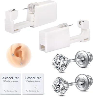 Produktbild von Ohrpiercingset chirurgischer Stahl, 4 mm und 5 mm Zirkonia, selbst stechen, für sterile Ohrlöcher