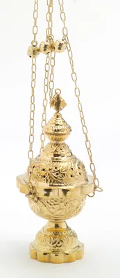 Produktbild von Weihrauchfass mit Kette zum Hängen aus Messing Gold poliert Höhe 25 cm mit Innenschale aus Stahl für die Räucherkohle