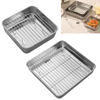 Produktbild von Backblech mit Abkühlgitter Set, Edelstahl Chefkoch Backform Keksdose Toaster Backblech Set (Groß: 26 cm, Klein: 16 cm), Für Heißluftfritteusen